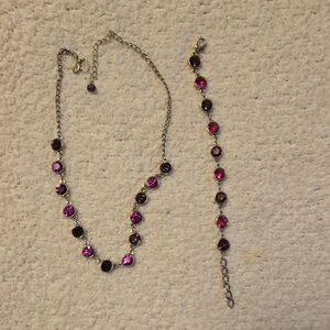 Silver-Tone Pink & Purple Crystal Necklace - Elegant Tennis Style